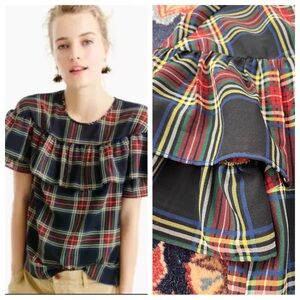 J. Crew Stewart Tartan Plaid Ruffle Edie Top Christmas Holiday festive blouse 0